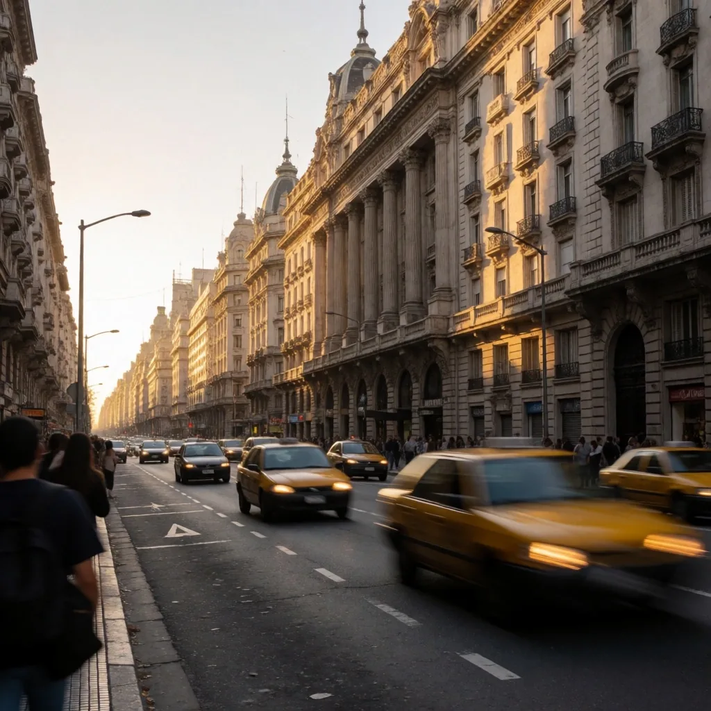 Vista de Av. Corrientes, Buenos Aires, al atardecer