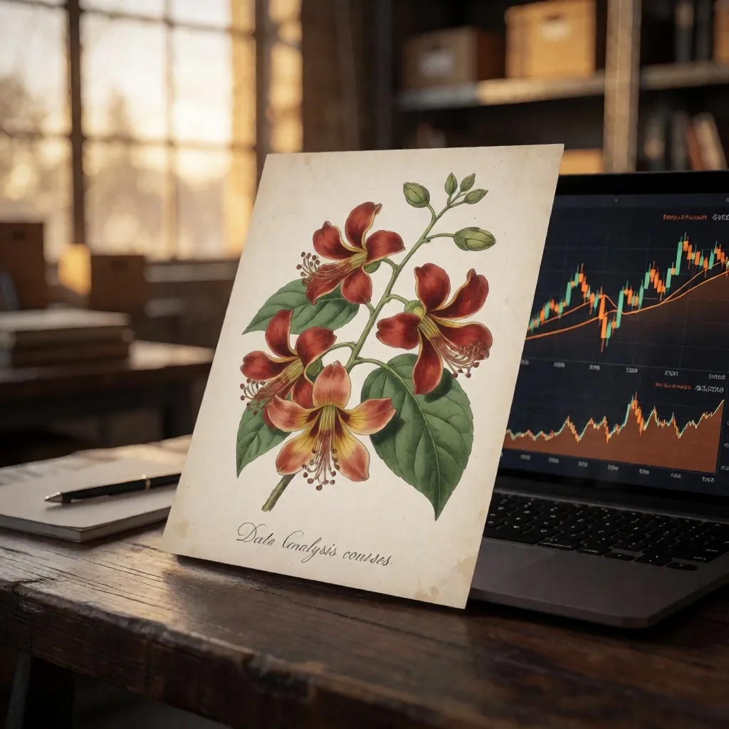 Ilustración botánica sobre mesa de madera junto a pantalla con gráficos financieros