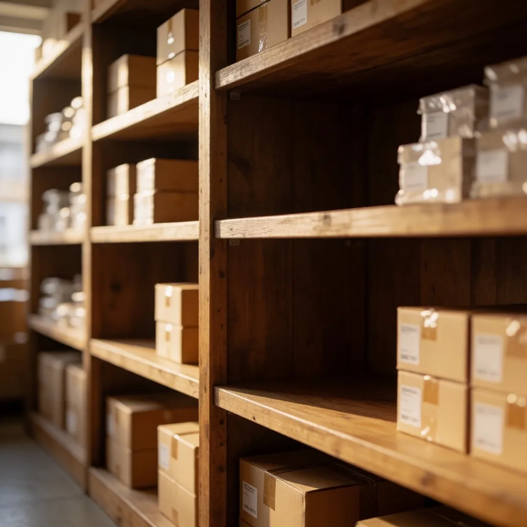 Estantes de stock con espacios vacíos y etiquetas de quiebre
