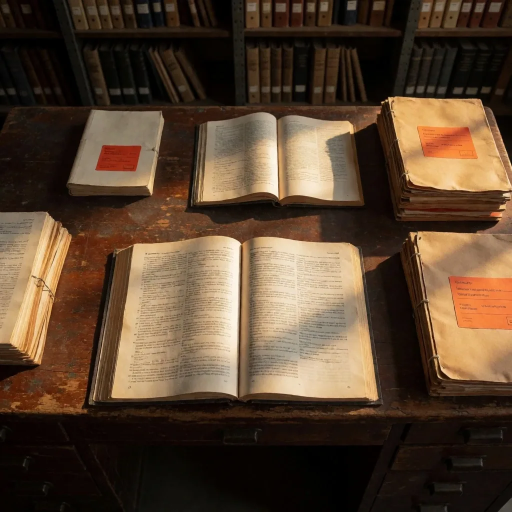 Escritorio de trabajo con materiales de referencia — ambiente de archivo IXMelo
