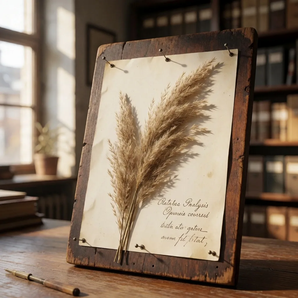 Placa de especimén botánico sobre madera — referencia visual del archivo IXMelo