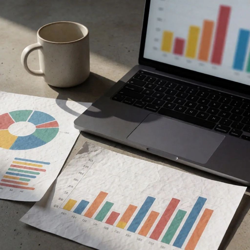 Mesa de trabajo de un analista de datos con informes y pantalla brillante