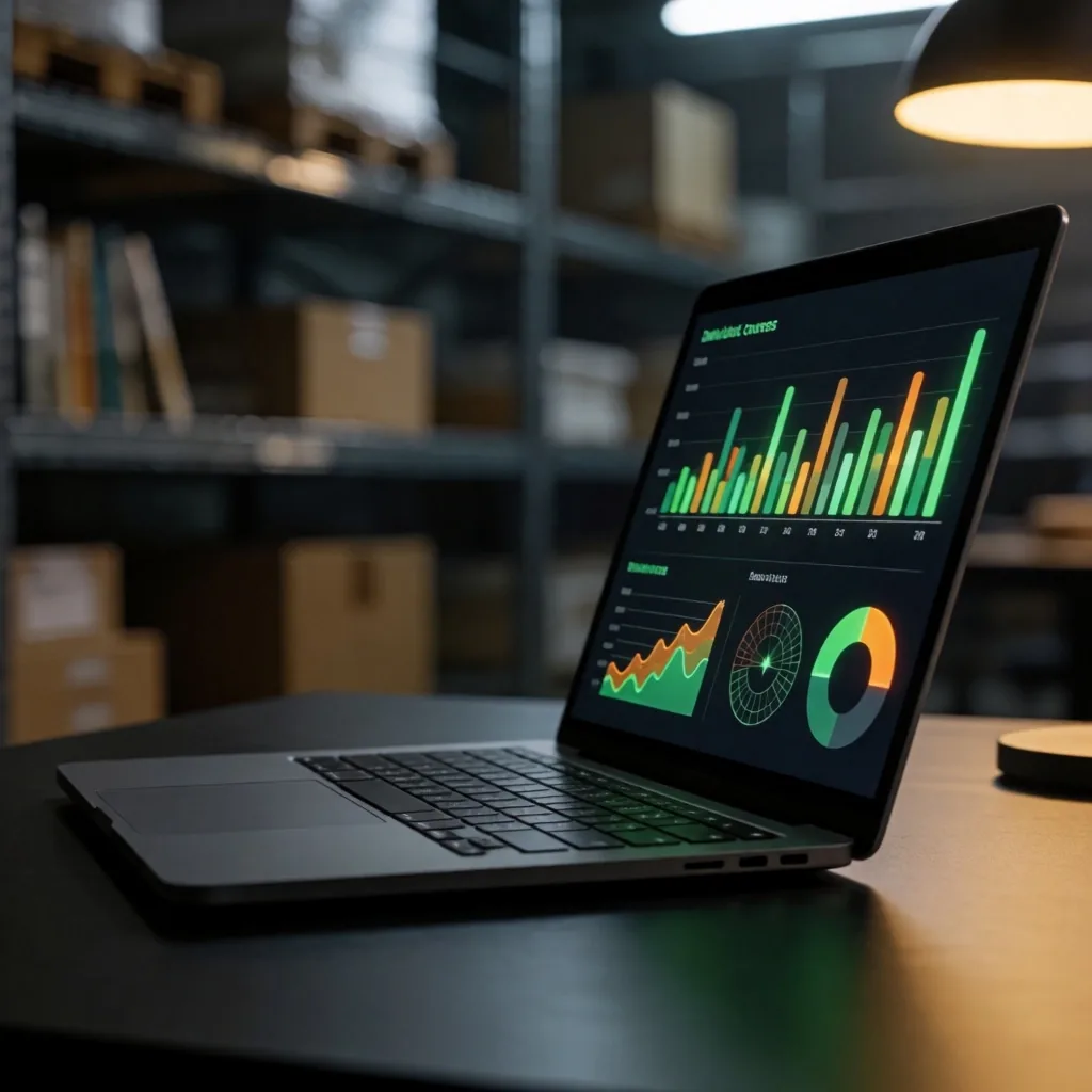 Pantalla de Power BI con dashboard en una mesa de trabajo