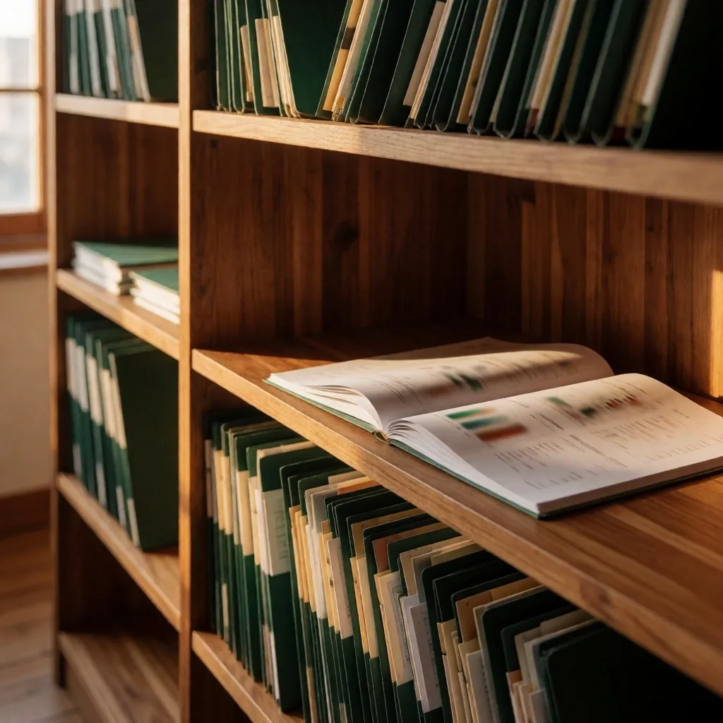 Estante de archivo con reportes analíticos organizados bajo luz dorada